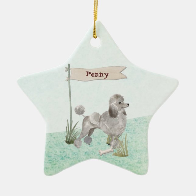 Custom Name Grey Poodle Pet Dog Ceramic Ornament (Front)