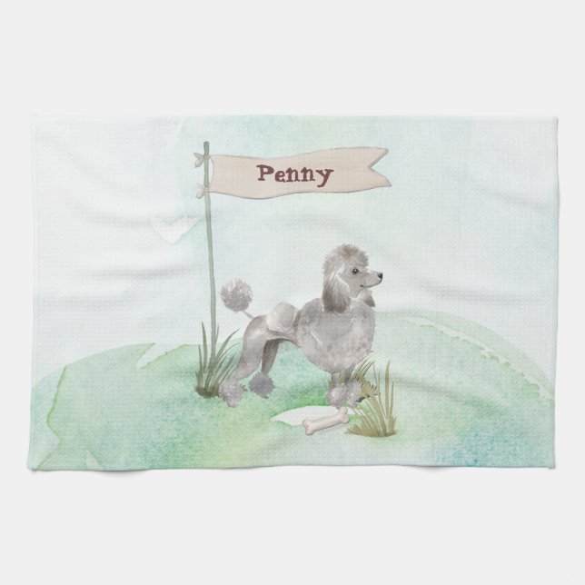Custom Name Grey Poodle Pet Dog Tea Towel (Horizontal)