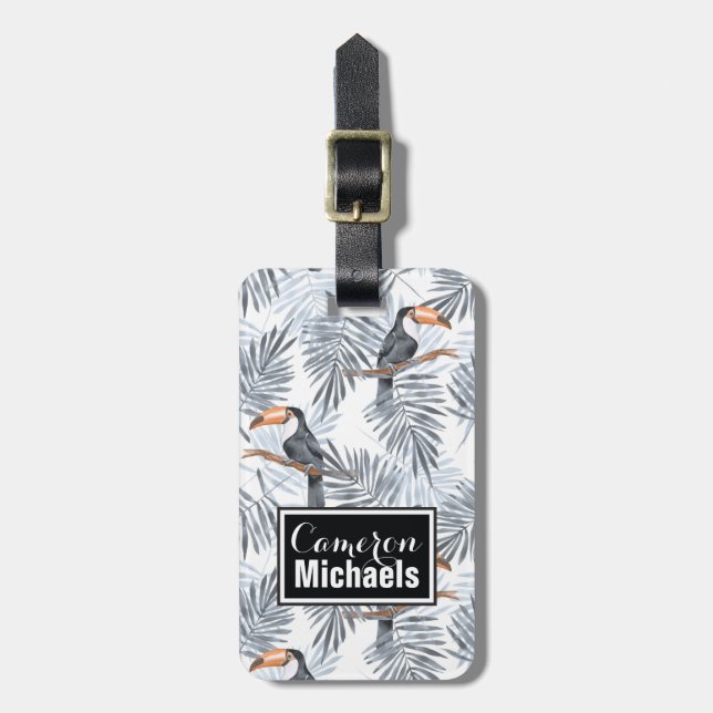 Custom Name Grey Toucan Luggage Tag (Front Vertical)