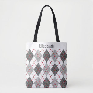 Custom Name Grey White Black Red Argyle Tote Bag