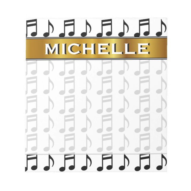 Custom Name + Grid of Musical Notes Notepad (Front)