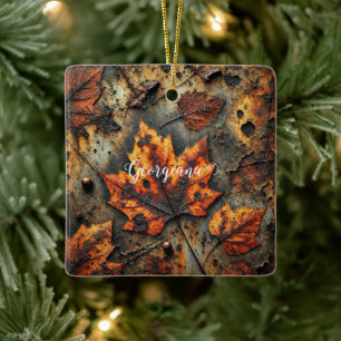 Custom Name Grungy Autumnal Industrial Leaves Ceramic Ornament