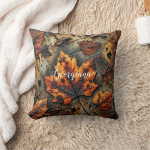 Custom Name Grungy Autumnal Industrial Leaves Cushion