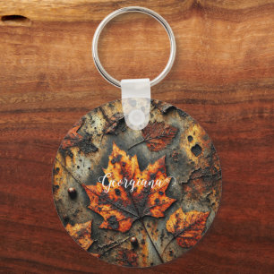 Custom Name Grungy Autumnal Industrial Leaves Key Ring