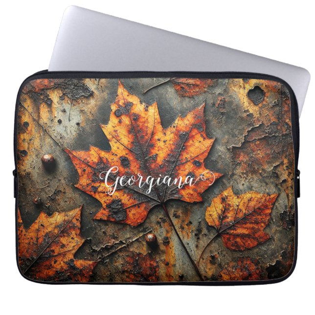 Custom Name Grungy Autumnal Industrial Leaves Laptop Sleeve (Front)