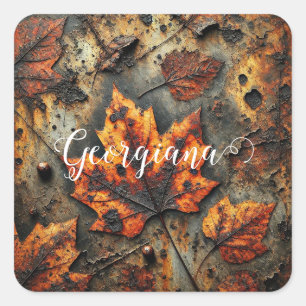 Custom Name Grungy Autumnal Industrial Leaves Square Sticker
