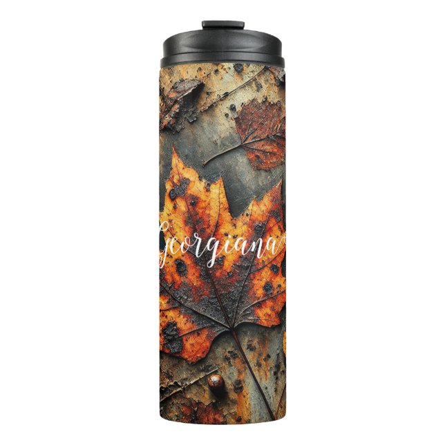 Custom Name Grungy Autumnal Industrial Leaves Thermal Tumbler (Front)