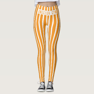 Custom Name Gym Orange and White Vertical Striped Leggings
