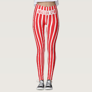 Custom Name Gym Red and White Vertical Striped Leggings