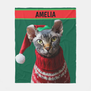 Custom Name Hairless Elf Sphynx Cat Santa Fleece Blanket