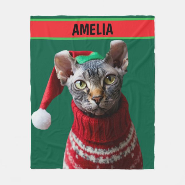 Custom Name Hairless Elf Sphynx Cat Santa Fleece Blanket (Front)