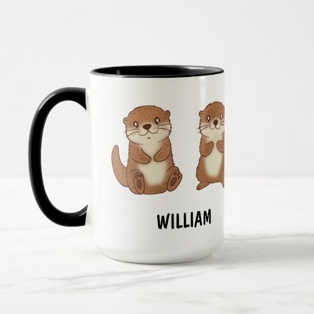 Custom Name Hand Drawn Cute Otters Coffee Mug (Left)
