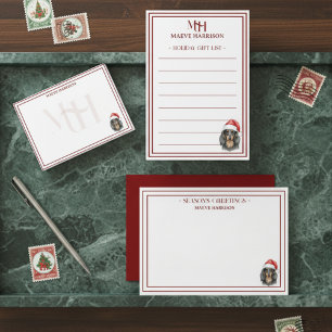 Custom Name Hand Drawn Dachshund Santa Hat Flat Card