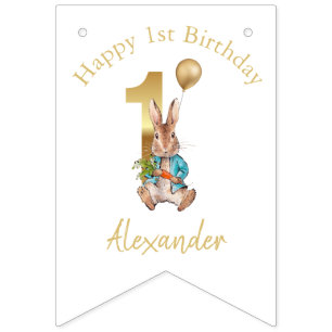 Custom Name Happy 1st birthday Peter gold balloon Bunting
