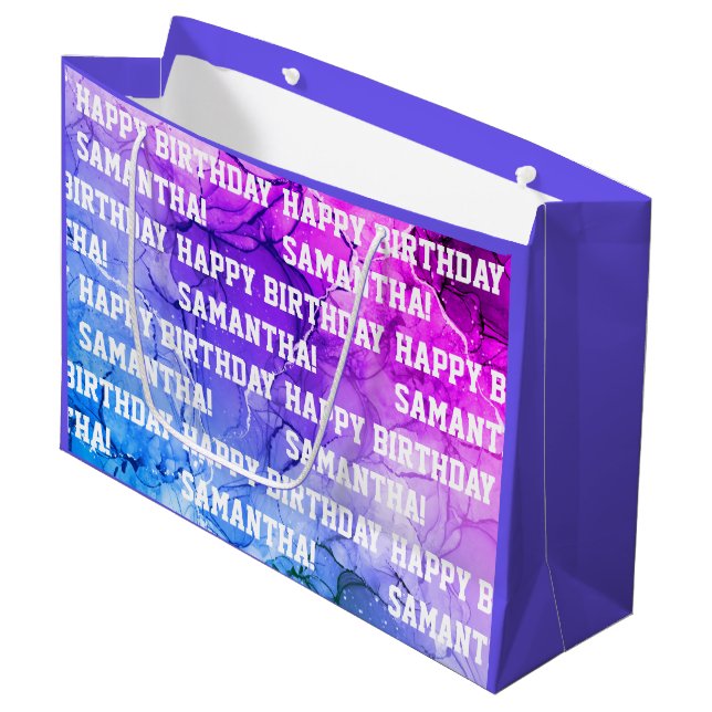 Custom Name Happy Birthday Blue/Purple Marble Large Gift Bag (Front Angled)