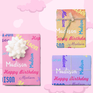 Custom NAME Happy Birthday Girl's Gift Wrapping Paper Sheet