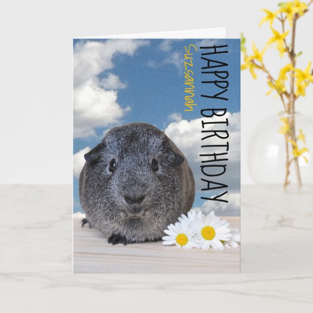 Custom Name Happy Birthday Guinea Pig White Daisy Card (Yellow Flower)