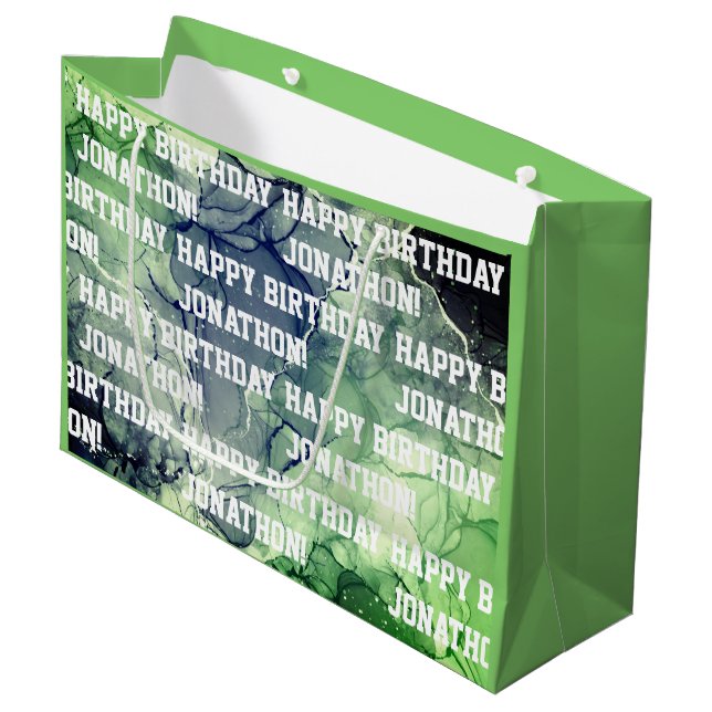 Custom Name Happy Birthday Masculine Green Large Gift Bag (Front Angled)