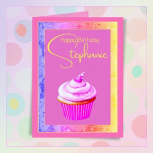Custom Name Happy Birthday Pretty Pink Cupcake Card