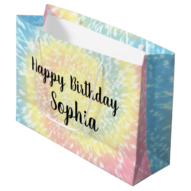 Custom Name Happy Birthday Tie Dye Hippy Swirl Large Gift Bag (Front Angled)