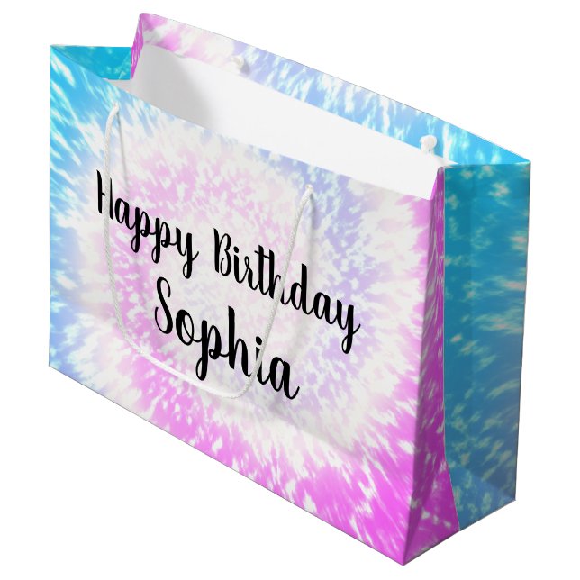 Custom Name Happy Birthday Tie Dye Hippy Swirl Large Gift Bag (Front Angled)