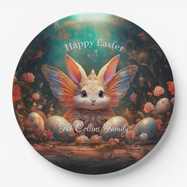 Custom Name Happy Easter Bunny with Easter eggs Paper Plate (Front)