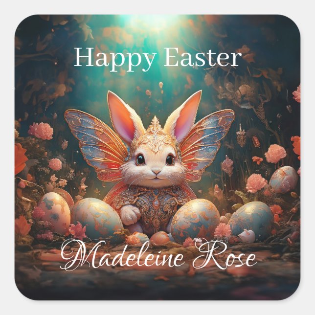 Custom Name Happy Easter Bunny with Easter eggs Square Sticker (Front)