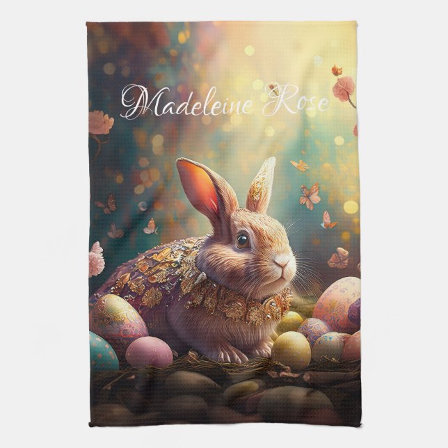 Custom Name Happy Easter Bunny with Easter eggs Tea Towel (Vertical)