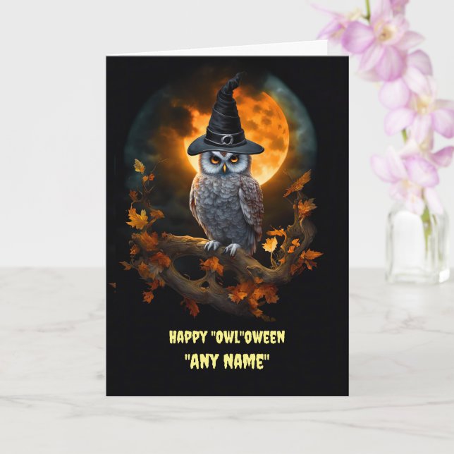 Custom Name Happy Halloween with Cute Owl Fall  Card (Orchid)