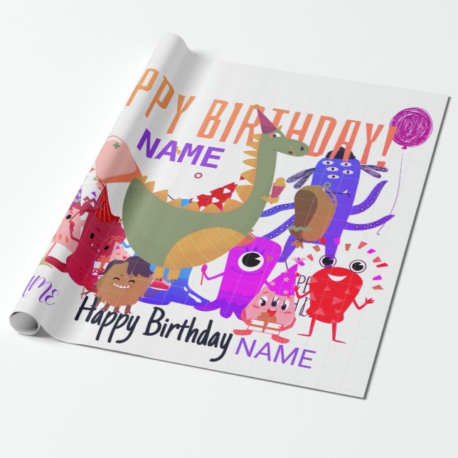 CUSTOM NAME HAPPY MONSTER BIRTHDAY WRAPPING PAPER (Unrolled)