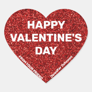 Custom Name Happy Valentine's Day Red Glitter Heart Sticker