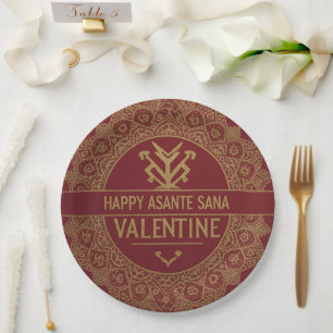 Custom Name Happy Valentine's Day: Red & Gold Lux Paper Plate