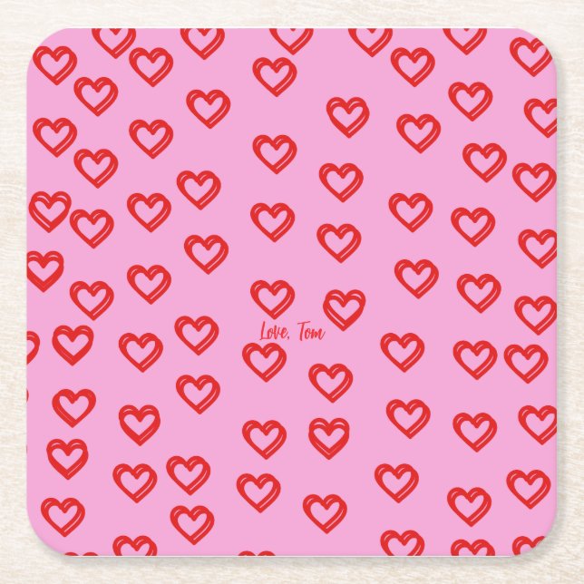 Custom Name Heart Pattern Valentine’s Day  Square Paper Coaster (Front)