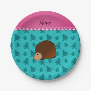 Custom name hedgehog turquoise christmas trees paper plate