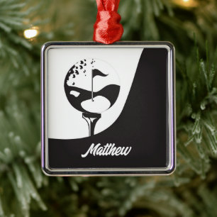 Custom Name Hello Black and White Golf Metal Ornament