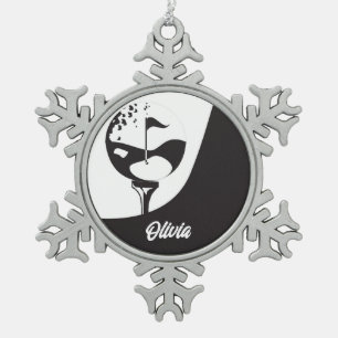 Custom Name Hello Black and White Golf Snowflake Pewter Christmas Ornament