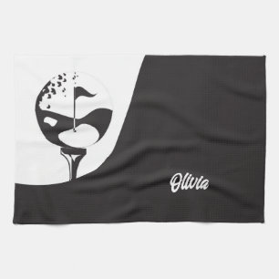Custom Name Hello Black and White Golf  Tea Towel