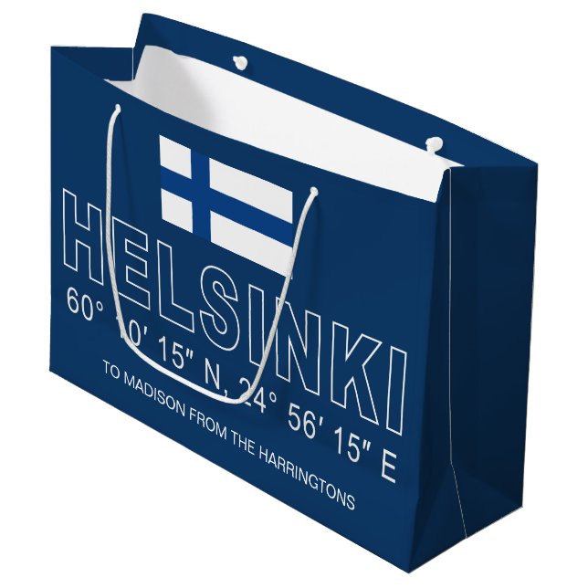 Custom Name Helsinki Coordinates Large Gift Bag (Front Angled)
