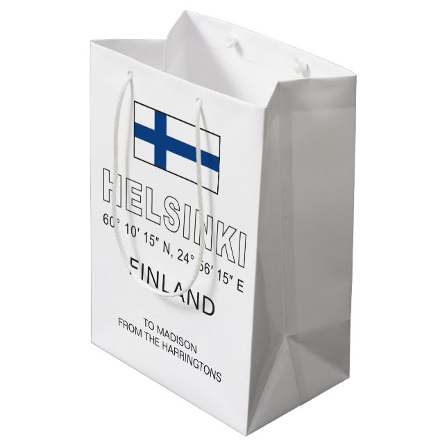 Custom Name Helsinki Coordinates Medium Gift Bag (Back Angled)