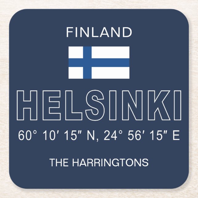 Custom Name Helsinki Coordinates Square Paper Coaster (Front)