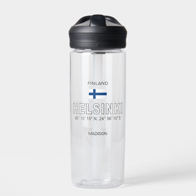 Custom Name Helsinki Coordinates Water Bottle (Front)