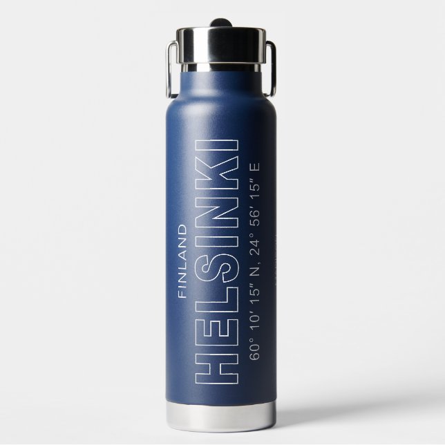 Custom Name Helsinki Coordinates Water Bottle (Front)