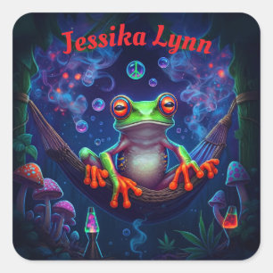Custom name Hippie Peace Psychedelic Tree Frog Square Sticker