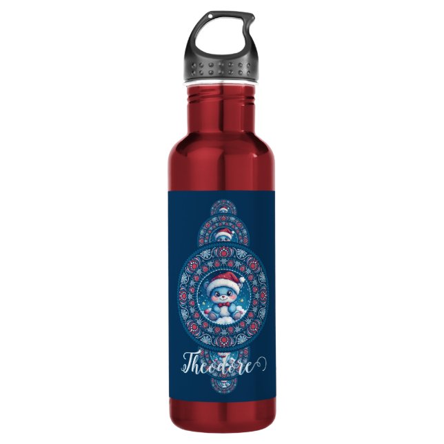 Custom Name Holiday Kawaii Bear Ornamental Mandala 710 Ml Water Bottle (Front)