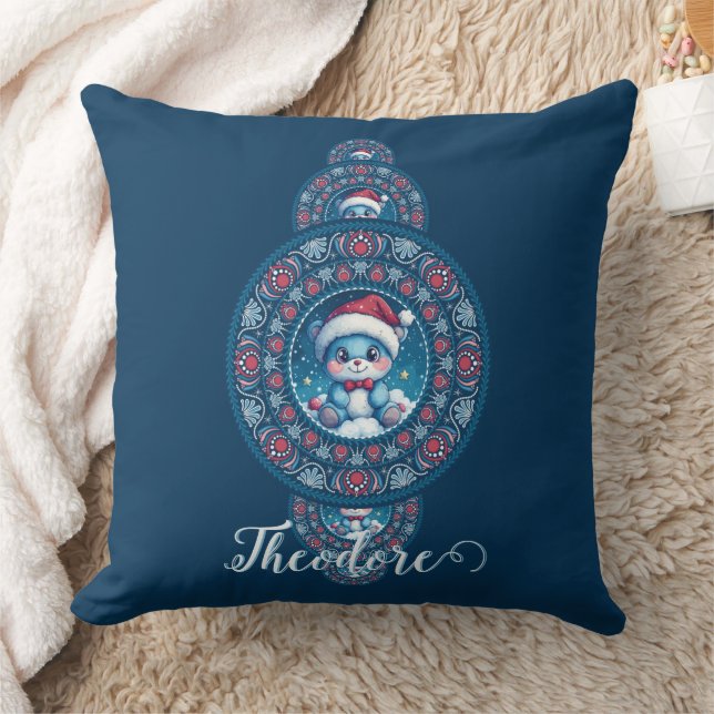 Custom Name Holiday Kawaii Bear Ornamental Mandala Cushion (Blanket)