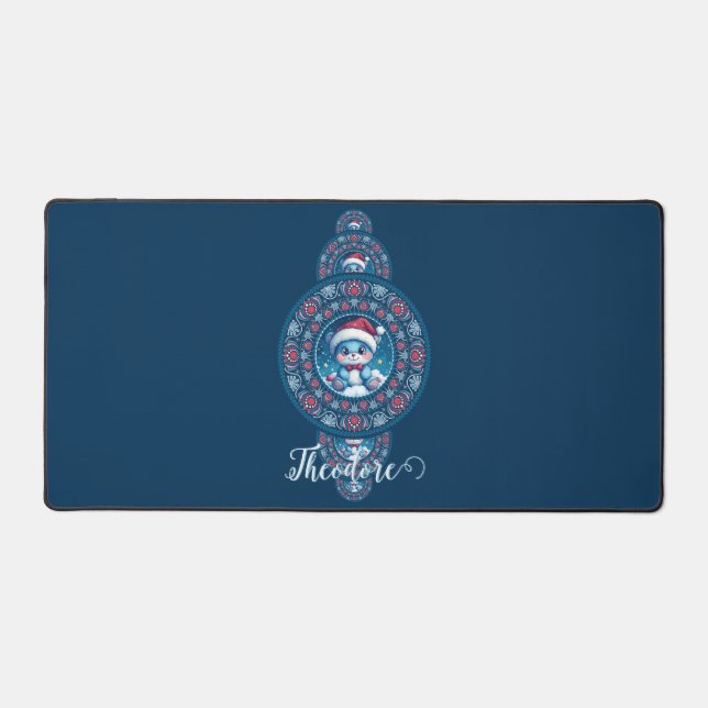 Custom Name Holiday Kawaii Bear Ornamental Mandala Desk Mat (Front)