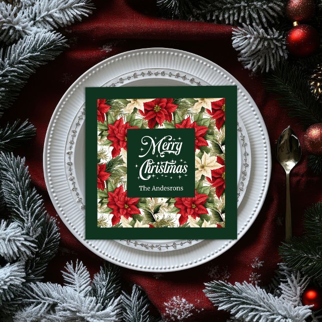 Custom Name Holiday Napkins Chic Poinsettia Style (Custom Name Holiday Napkins Chic Poinsettia Style)