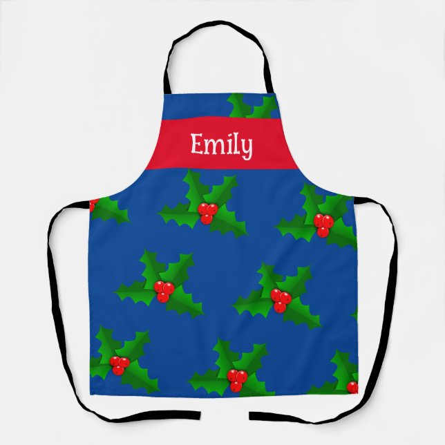 Custom Name Holly Leaves Christmas Apron  (Front)