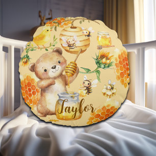 Custom Name Honey Bear Bees Round Cushion