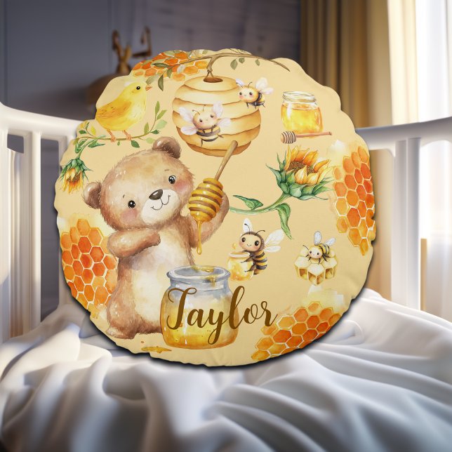 Custom Name Honey Bear Bees Round Cushion (Creator Uploaded)